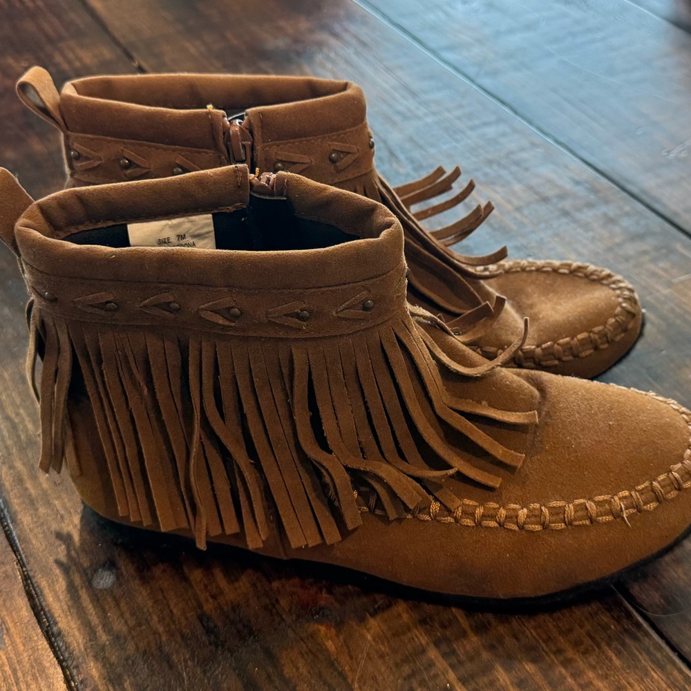 Brown Fringe Moccasin Boots
